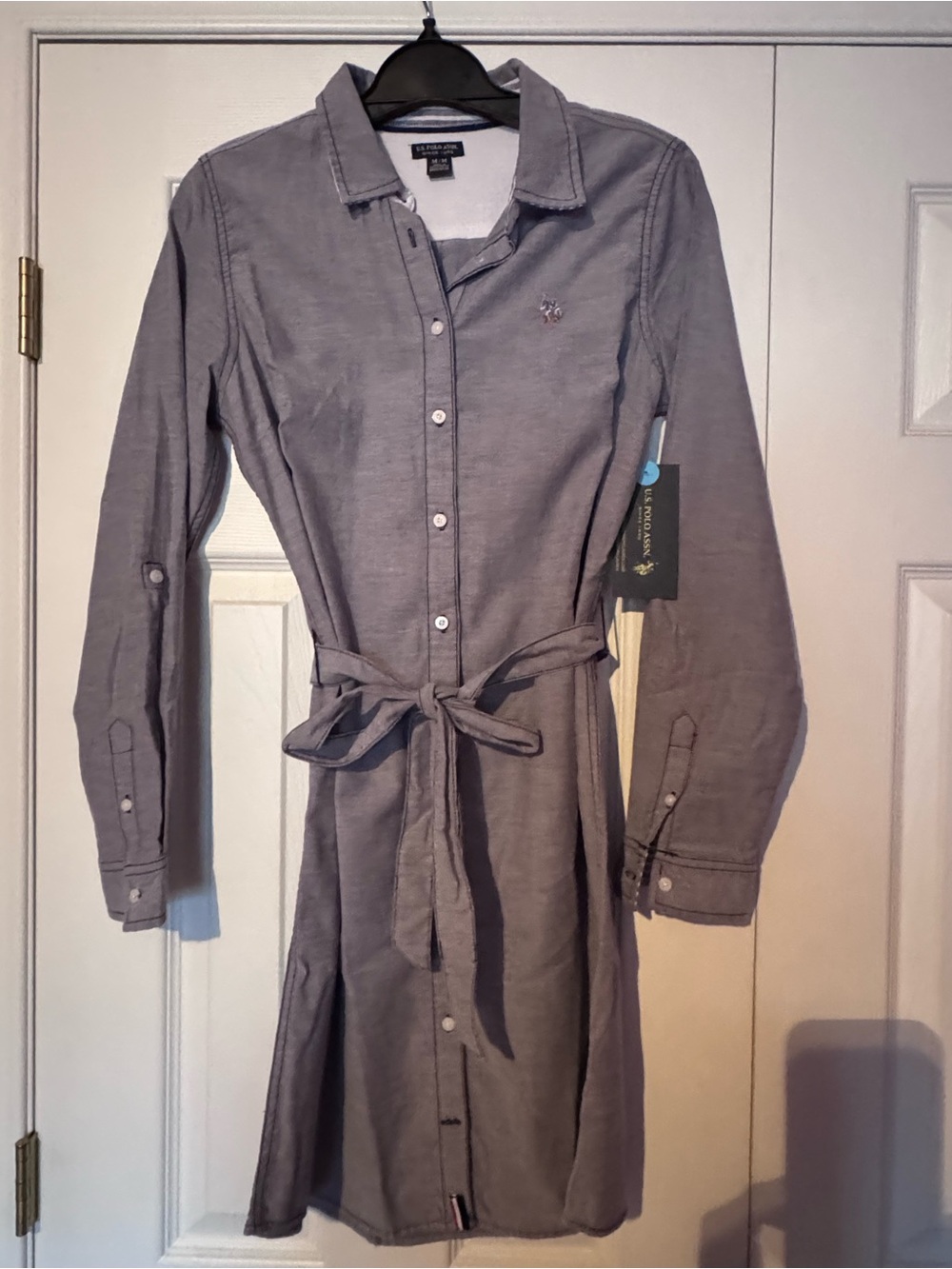 US Polo Assn Gray-Blue Button-Front Long-Sleeve Shirt Dress with Tie Waist